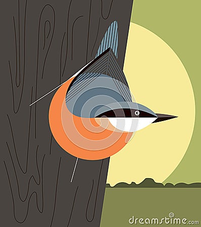 Nuthatch on the trunk of a tree Vector Illustration