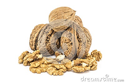 Nutmeat with shell and white bakcground Stock Photo