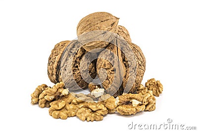 Nutmeat with shell and white bakcground Stock Photo