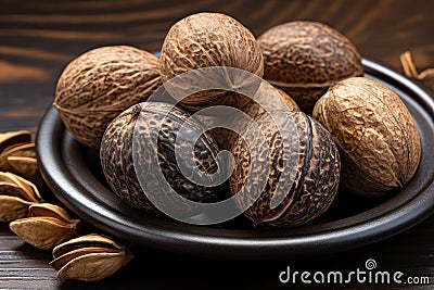 Nutmeg in Black Plate, Myristica Fragrans Fruit, Dry Spicy Nutmeg, Grated Whole Muscat Nut, Nut Meg Stock Photo