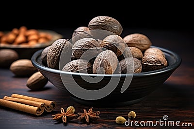 Nutmeg in Black Plate, Myristica Fragrans Fruit, Dry Spicy Nutmeg, Grated Whole Muscat Nut, Nut Meg Stock Photo