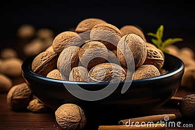 Nutmeg in Black Plate, Myristica Fragrans Fruit, Dry Spicy Nutmeg, Grated Whole Muscat Nut, Nut Meg Stock Photo