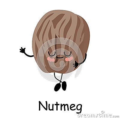 Nutmeg character. Useful vegan food. Nuts are good Vector Illustration