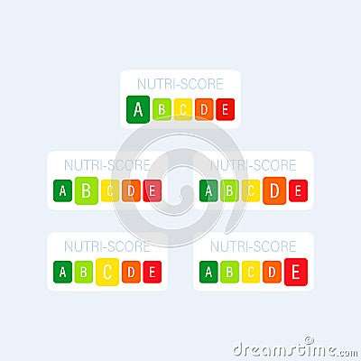 Nutri Score vertical stickers set. Score system sign. Vector on isolated white background. EPS 10 Vector Illustration