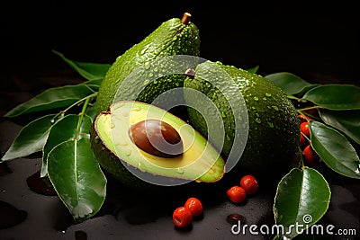 Nutrient-Rich Hass Avocado Fruits with Leaves. Generative By Ai Stock Photo