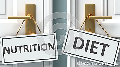 Nutrition or diet as a choice in life - pictured as words Nutrition, diet on doors to show that Nutrition and diet are different Cartoon Illustration