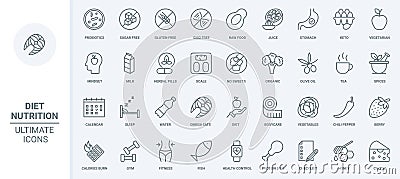 Nutrition diet thin line icons set, organic food and fitness, vegetarian lifestyle Vector Illustration