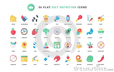 Nutrition diet trendy flat icons set, organic food and fitness, vegetarian lifestyle Vector Illustration