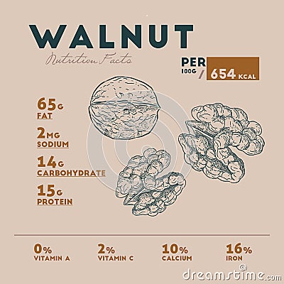 Nutrition fact of walnut illustration of hands, retro style, vector Vector Illustration