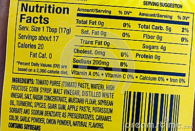 Nutrition facts ingredient food label sodium cholesterol servings Stock Photo