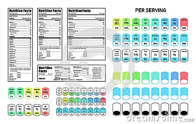 Nutrition Facts information label for box set. Daily value ingredient calories, cholesterol and fats in grams and percent. Flat Vector Illustration