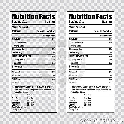 Nutrition Facts information label template. Daily value ingredient calories, cholesterol and fats in grams and percent Vector Illustration
