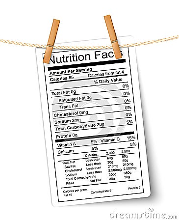 Nutrition facts label hanging on a rope. Vector Illustration