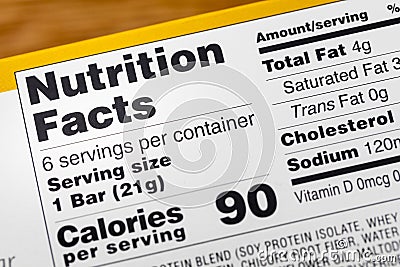 Nutrition facts food serving calories label fat servings Stock Photo