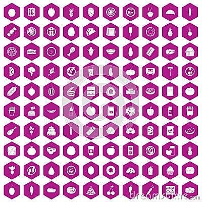 100 nutrition icons hexagon violet Vector Illustration