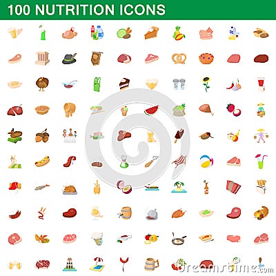 100 nutrition icons set, cartoon style Vector Illustration