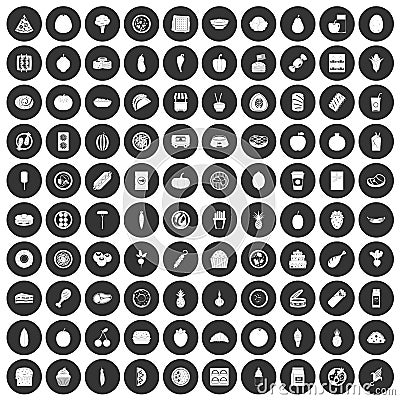100 nutrition icons set black circle Vector Illustration
