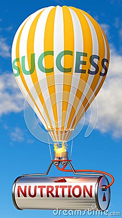 Nutrition and success - shown as word Nutrition on a fuel tank and a balloon, to symbolize that Nutrition contribute to success in Cartoon Illustration