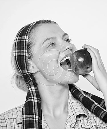 The nutritional choice. temptation. spring harvest. summer fruit. farming concept. healthy teeth. orchard, gardener girl Stock Photo