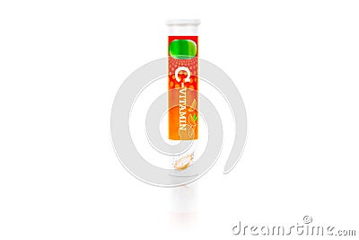 Nutritional supplement. A tube package of vitamin C effervescent tablets. Stock Photo