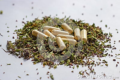 Nutritional supplements pills and capsules on dried herbs background. Alternative herbal medicine, naturopathy and homeopathy Stock Photo