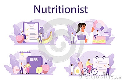 Nutritionist concept set. Nutrition therapy with healthy food and physical Vector Illustration