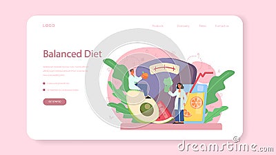 Nutritionist web banner or landing page. Diet plan with healthy food Vector Illustration