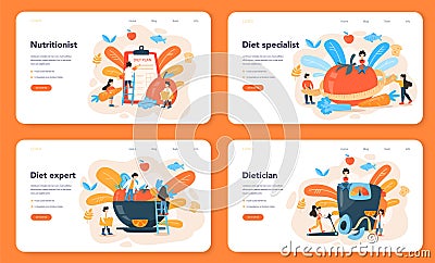 Nutritionist web banner or landing page set. Diet plan with healthy food Vector Illustration