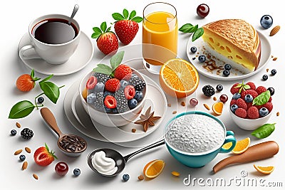 A nutritious breakfast with diverse options, showcased against a white background. AI Stock Photo