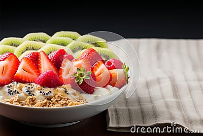 A nutritious breakfast featuring yogurt, muesli, kiwi, strawberries, and banana Stock Photo