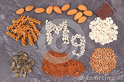 Nutritious eating containing magnesium. Healthy nutrition as source vitamins, minerals and fiber Stock Photo