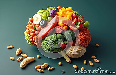 Nutritious food for healthy brain function concept. Fruits, vegetables, nuts arranged like brain. Diet improves memory, boosts Stock Photo