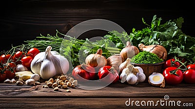 Nutritious food ingredients background. Vegetables, herbs, and spices. Organic vegetables on wood Stock Photo
