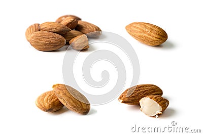Nuts, almond, tasty and healthy food with lots of vitamins. Almond nuts. Almonds in groups and separated Stock Photo