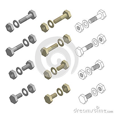 Nuts Bolts Washers Hardware Isometric Set Vector Illustration