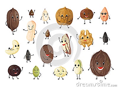 Nuts cartoon characters. Cute mascot persons for kids illustration, peanut walnut hazelnut pistachio almond macadamia Vector Illustration