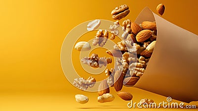 Nuts cascade out of a paper bag creating a delightful snack explosion Generative AI Stock Photo