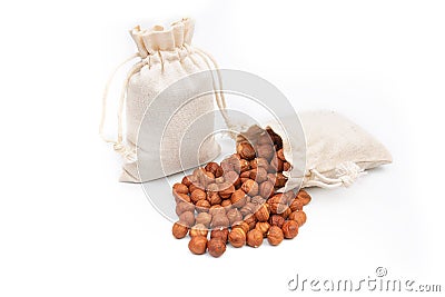 Nuts hazelnut in a bag on a white background Stock Photo