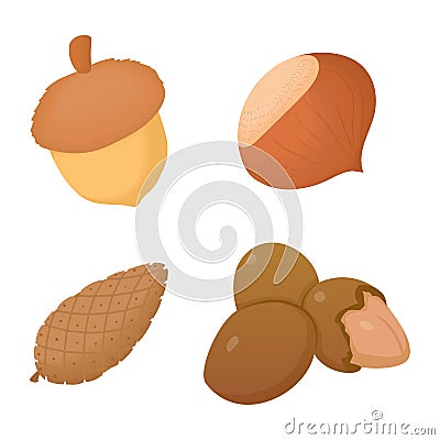 Nuts icon set, cartoon style Vector Illustration