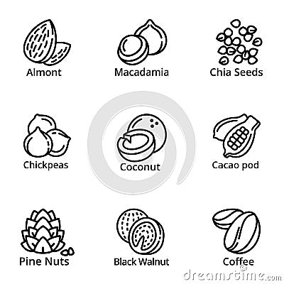 Nuts icon set, outline style Vector Illustration