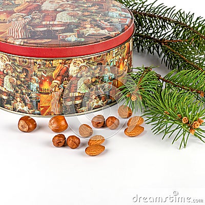 Nuts with metal box and Christmas tree sprig Stock Photo
