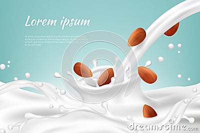 Nuts in milk. Meal beverages nut cream vegan protein drink splashes with seed vector realistic background Vector Illustration