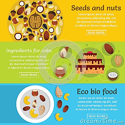 Nuts seeds food banner horizontal set, flat style Vector Illustration