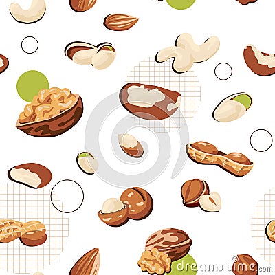 Nuts and seeds pattern. Cartoon seamless texture of healthy walnut nutrition. Organic peanut and macadamia, pistachio and hazelnut Vector Illustration