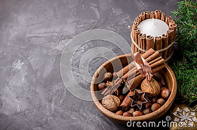 Nuts and spices for christmas cake in a wooden bowl Stock Photo