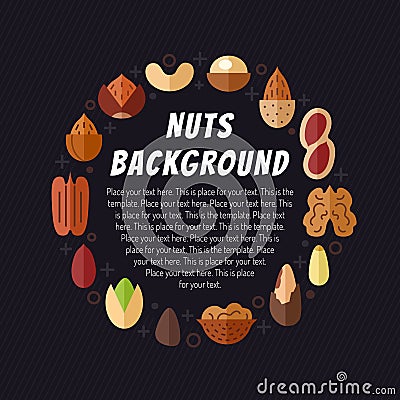 Nuts vector background. Modern flat design. Circle frame. Vector Illustration