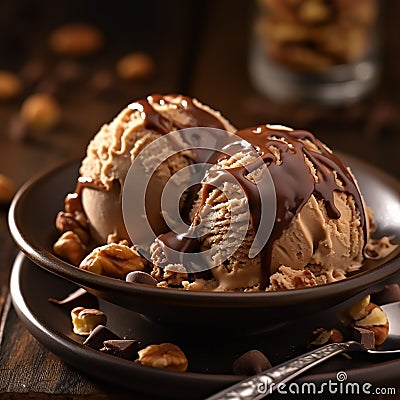 nutty brown ice cream and sweet chocolate syrup Stock Photo