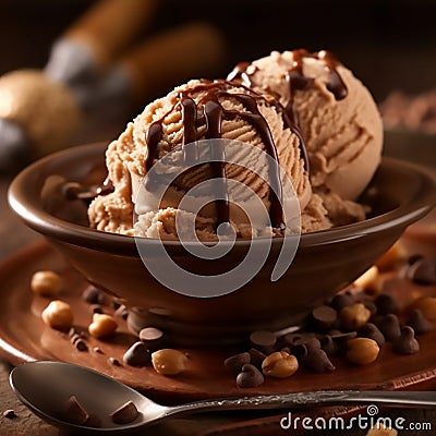 nutty brown ice cream and sweet chocolate syrup Stock Photo