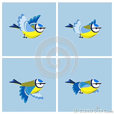 Flying Blue Tit animation sprite sheet Vector Illustration