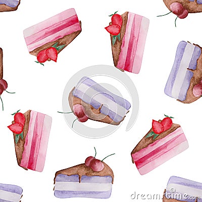 Watercolor pattern of a piece of cake with strawberries and cherries on a white background. Stock Photo